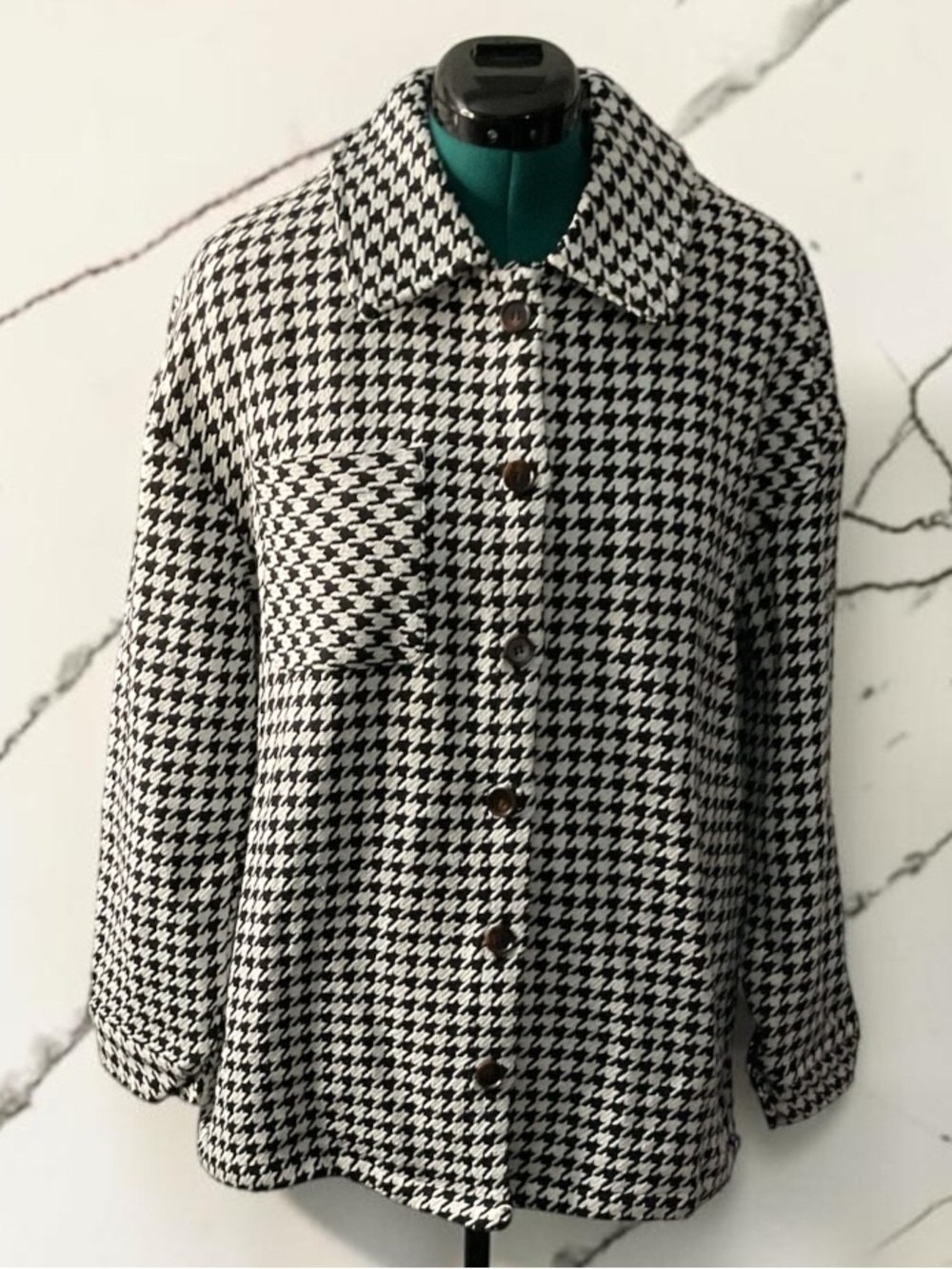 Women’s Black & White Houndstooth Button-Front Pea Coat P:25” L:30”